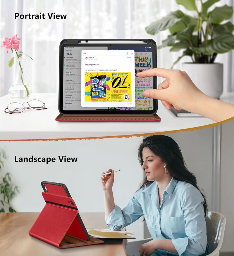 DTTO for iPad A16 Case, iPad 11th / 10th Generation Case (2025/2022), 360 Degree Rotating Premium Leather Folio Stand Cover with Pencil Holder, Red - Image 3